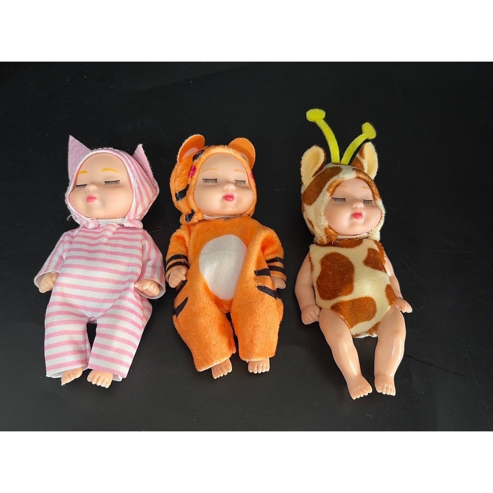3 Miniature Sleeping Baby Dolls 4" Cute Animal Themed Outfits Pocket Doll Size